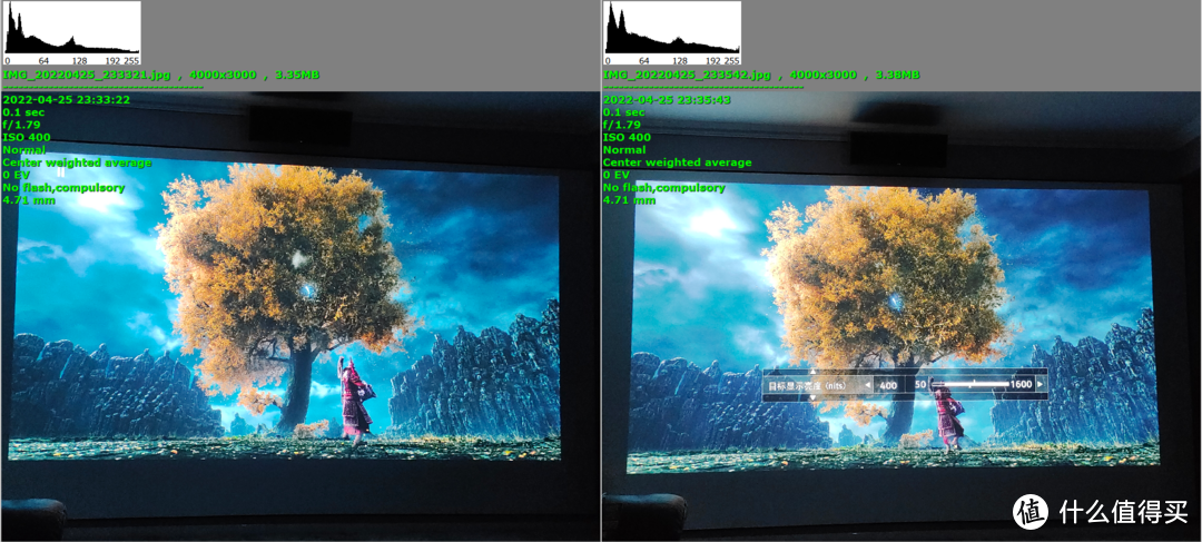 ▲左为TW8300和播放器默认设置下输出HDR屏摄、右为使用目标显示亮度400nit的屏摄