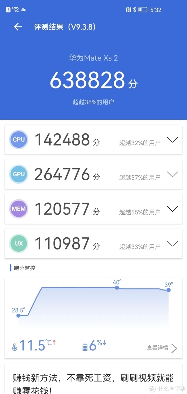 我想测测玩游戏，后来想想算了，这不符合我的使用习惯，也可能不符合大部分用XS 2的人的使用习惯。折叠屏不展开玩游戏，散热扛不住，展开玩游戏，王者荣耀，LOLM，吃鸡都少视野，不测也罢。跑个安兔兔63万分，展开屏幕跑的，emmm，折上屏幕还不到60万分。