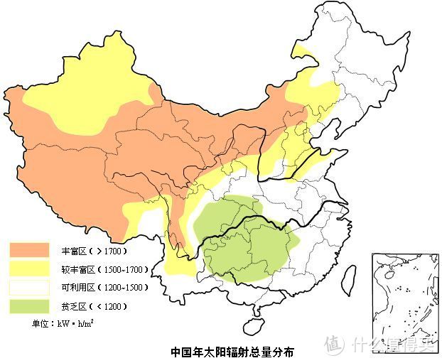 中国年太阳辐射总量分布图