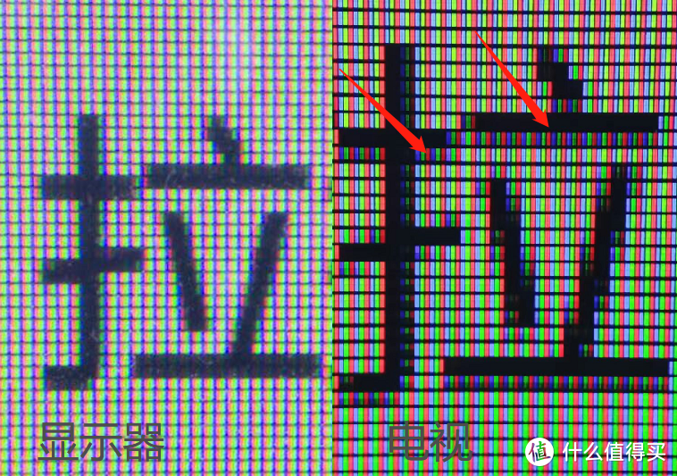 比如这个字的边缘像素渲染，左图显示器，右图电视