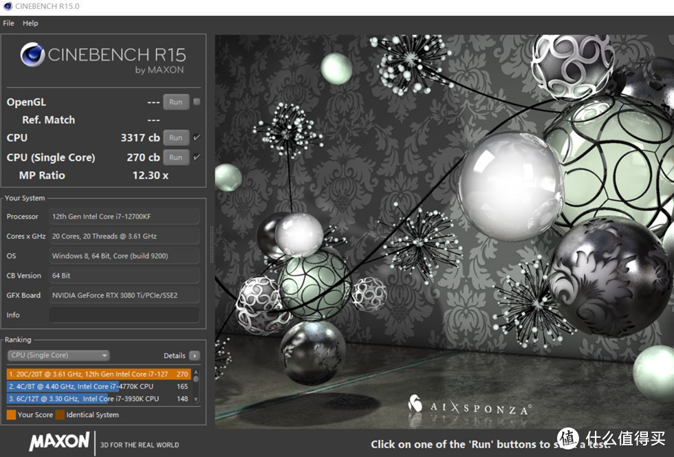 CineBench R15 测试成绩单核 270，多核3317