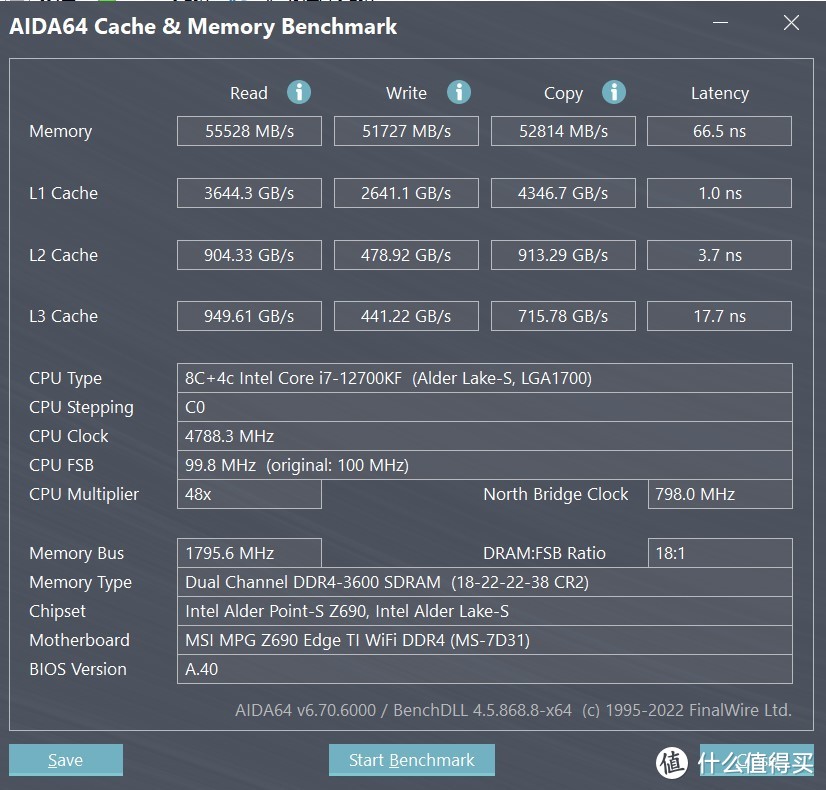 宇瞻NOX暗黑女神白色款内存的默认XMP下 memory Benchmark，读写和拷贝都超过了51GB，延迟66.5ns