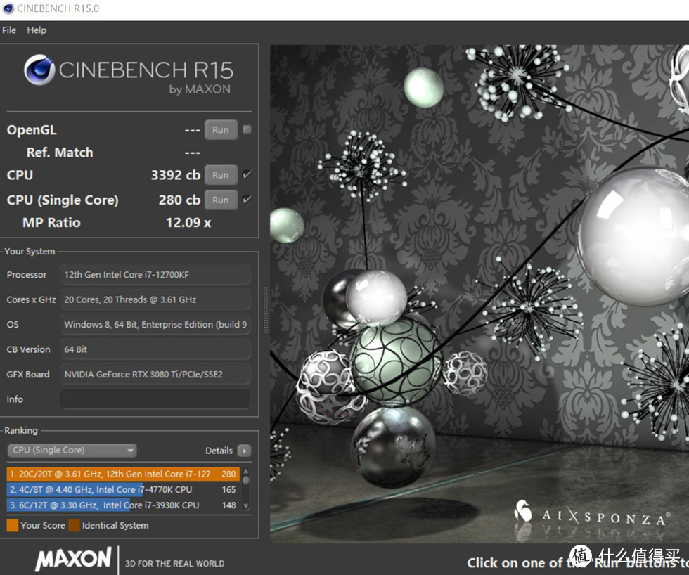 CineBench R15 测试成绩单核 280，多核3392