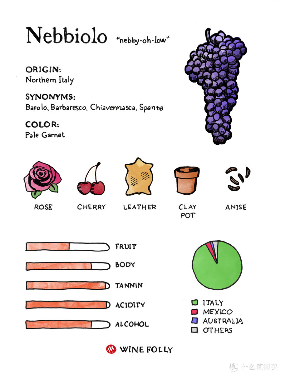 Nebbiolo内比奥罗、Sangiovese桑乔维塞都是意大利代表性品种，酿造的葡萄酒具有超强陈年能力