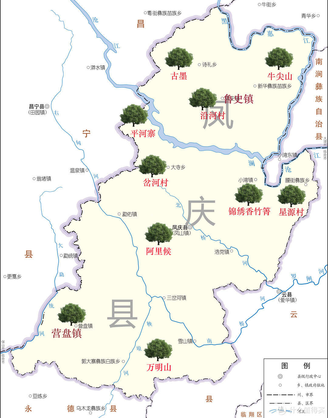 凤庆主要的古树茶园资源分布示意图（手工标注，仅供参考）