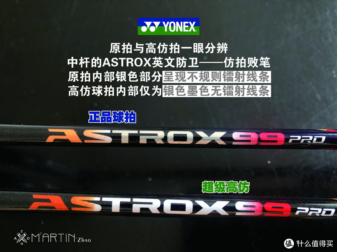 全文里重点在这：中杆处ASTROX99PRO这几个型号字是比较容易分辨真伪球拍的关键。原厂球拍的ASTROX99PRO从T-X&PRO都是有镭射银线条在内部。仿拍并没有镭射银线条的存在。