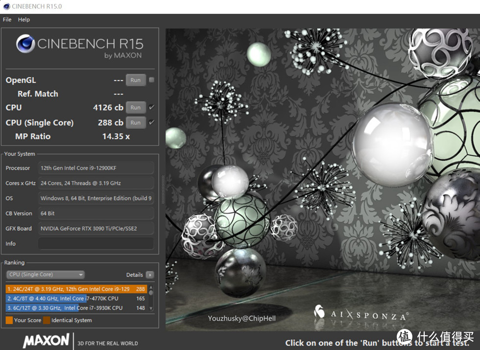 CineBench R15 测试单核288，多核4126