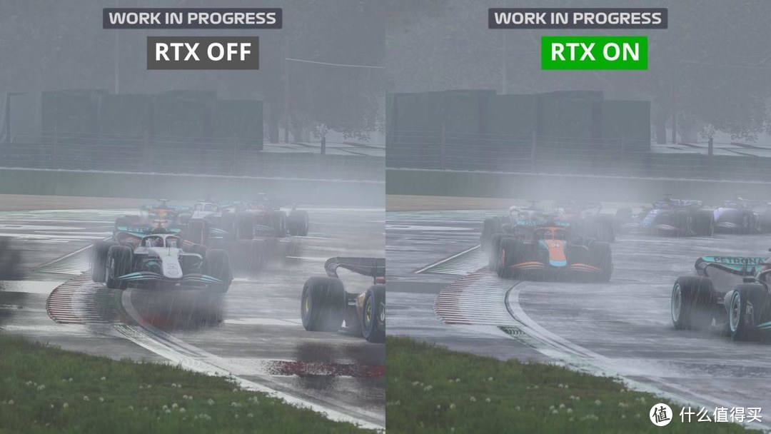 这是几张比赛录像回放，可以看到除了赛道场景中的阴影、粒子、天气效果等特效外，光线追踪还对F1赛车的车辆反射甚至胎印都有明显的改善和提高。 