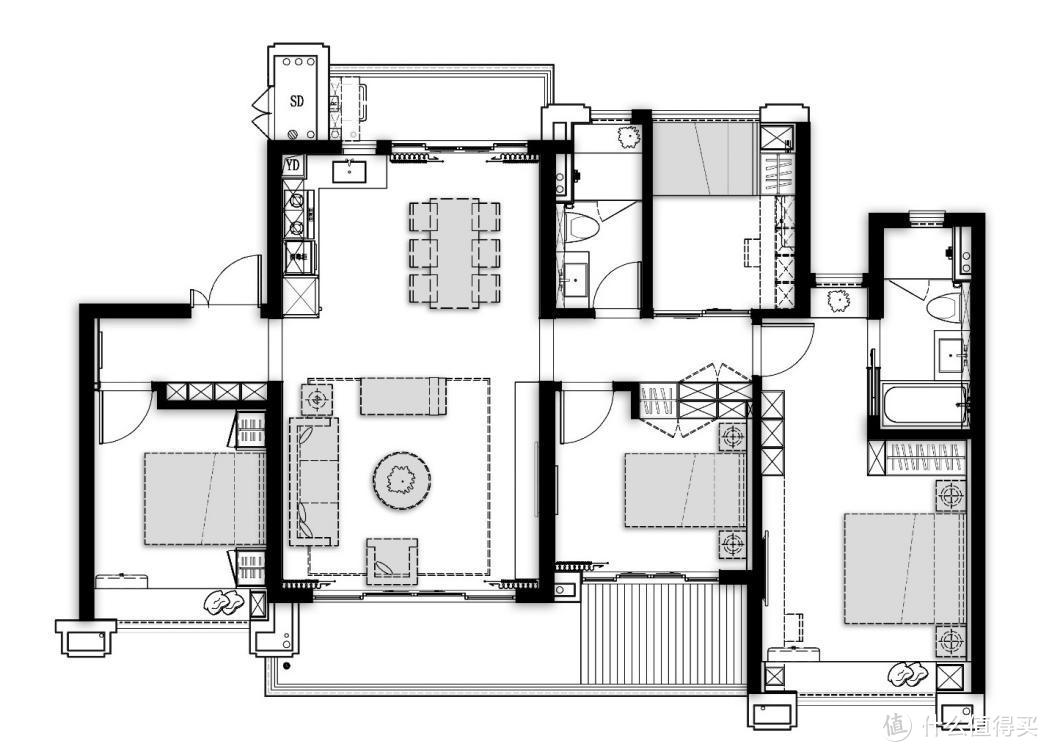 128平米4居室，客厅、餐厅超大，开放式厨房，5平米主卫还带浴缸