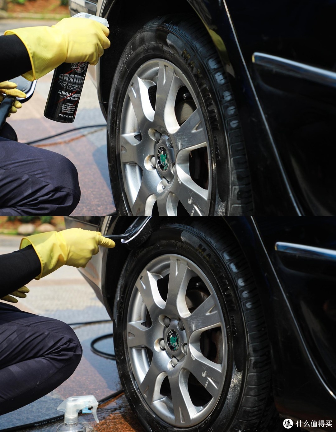 ▲轮胎上蜡，将养护剂均匀喷涂在轮胎外侧，上蜡刷涂抹均匀就好了。