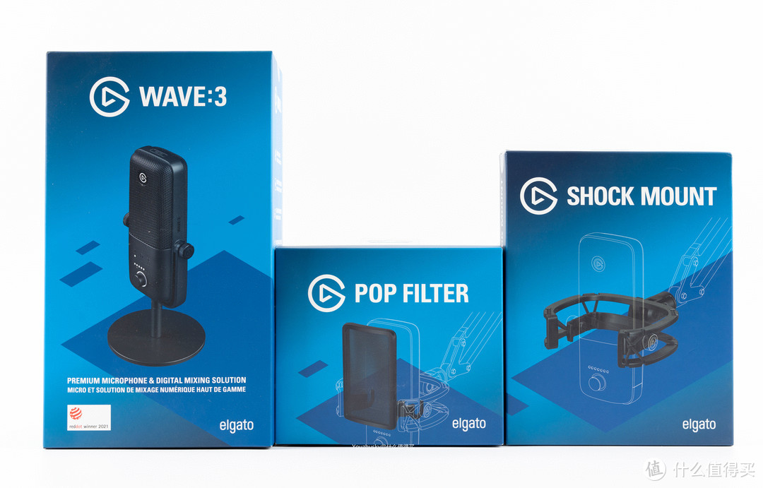 三个包装包含Elgato WAVE:3 电容麦克风、POP FILTER防喷架、SHOCK MOUNT防震架