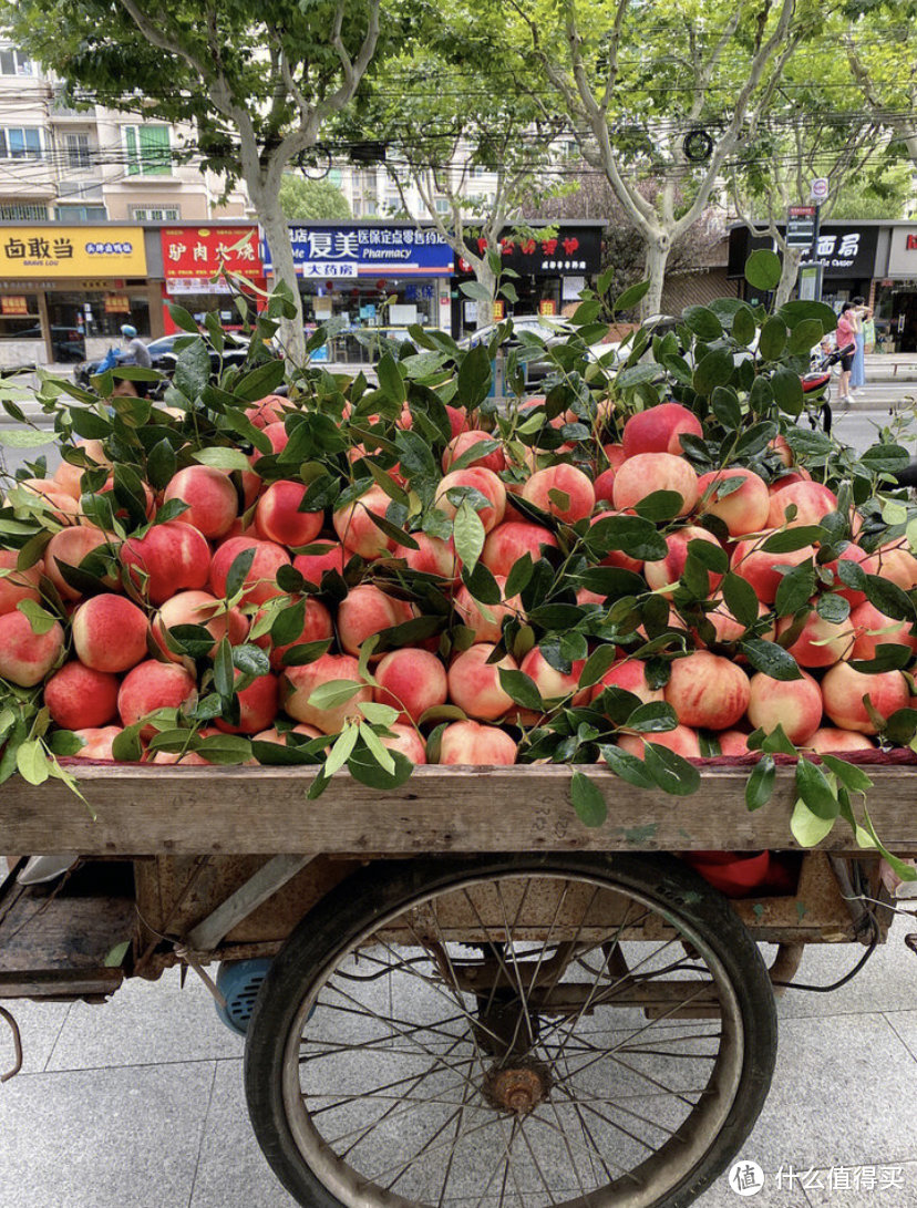 街景中的小贩在卖桃！