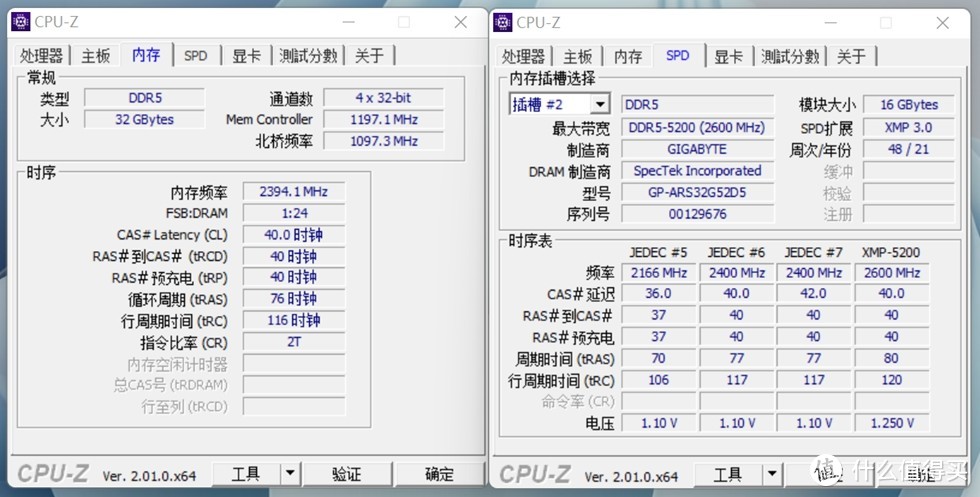 CPU-Z内存信息图，2根16G组成32G，内存制造商为技嘉，内存颗粒为镁光 。