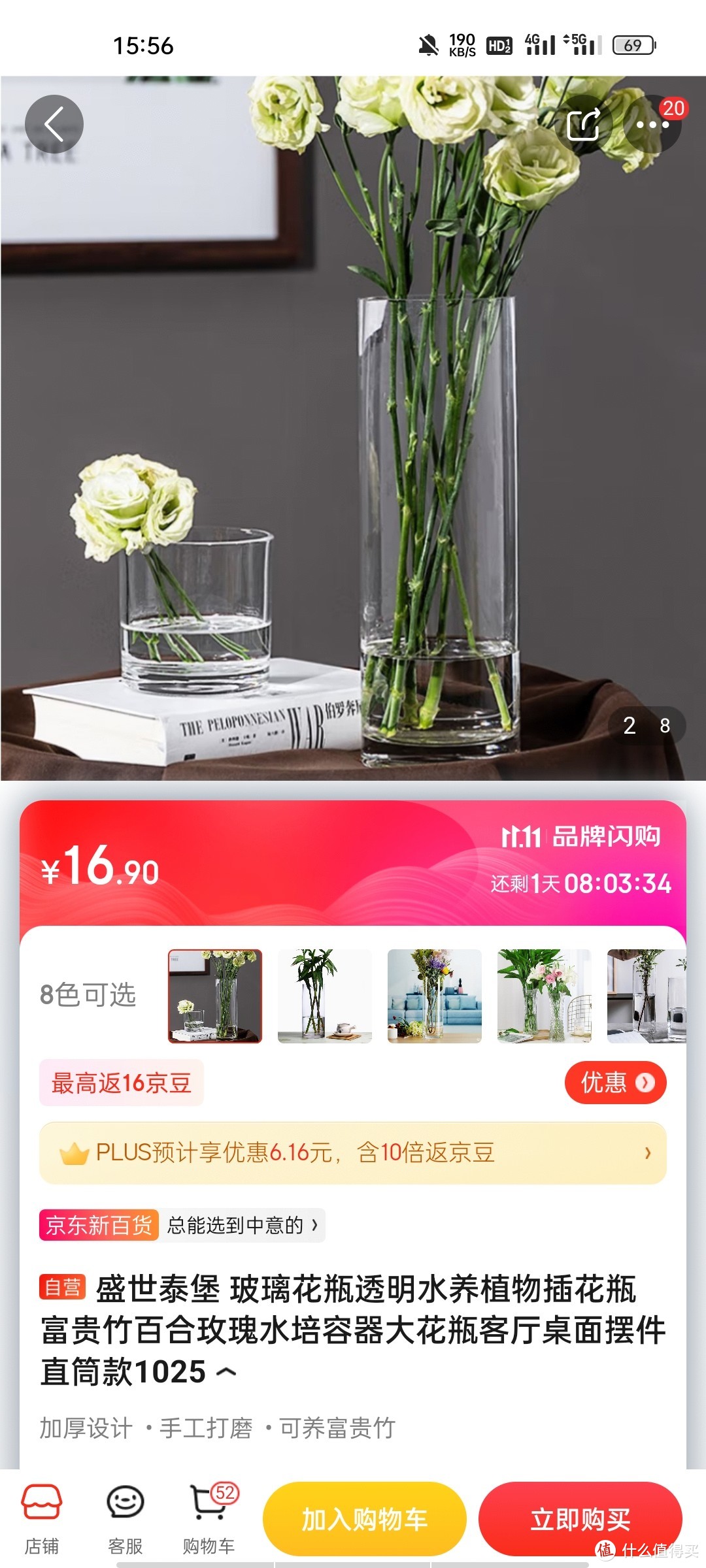 盛世泰堡 玻璃花瓶透明水养植物插花瓶富贵竹百合玫瑰水培容器大花瓶客厅桌面摆件 直筒款1025