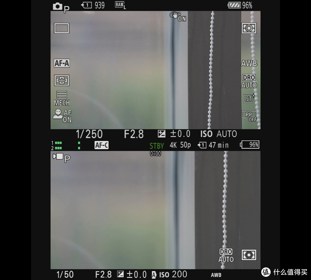 同机位16:9拍照（上）和4K 50p视频录制（下）