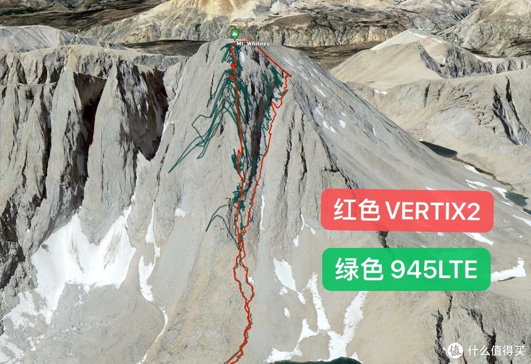 拿一份VERTIX2的双频数据分享下，APEX 2 PRO采用了相同的技术，针对于那些有技术需求的人群来说就显得很好用了，大家有机会可以去看看K天王的训练视频，他基本上是在悬崖峭壁上跑步训练的。像这样精准的导航数据就很值得后人参考和训练。而绿色线路就没啥意思了明显看上去是不对的导航数据。