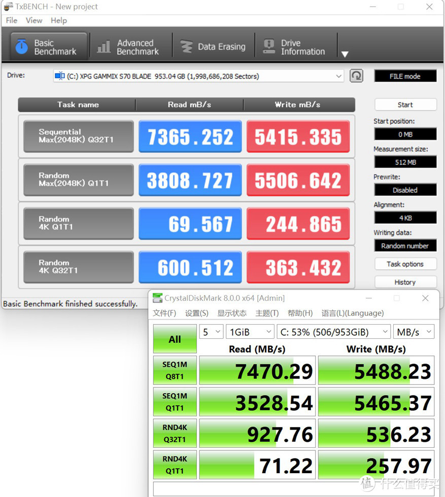 固态硬盘在TxBENCH 和CrystalDiskMark中测试成绩,7400MB/S的读取性能在1TB中表现亮眼