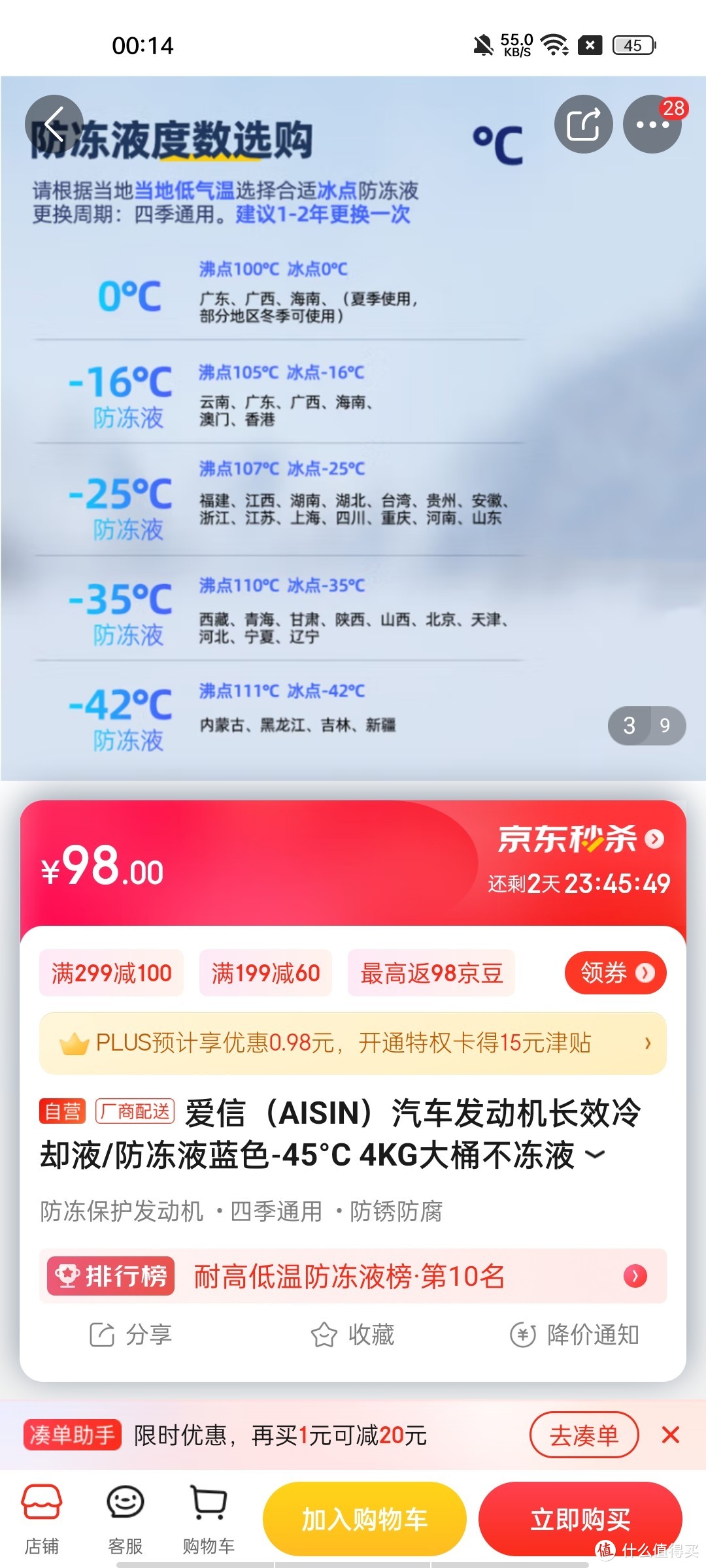 ​爱信（AISIN）汽车发动机长效冷却液/防冻液蓝色-45°C 4KG大桶不冻液水箱宝防沸防腐蚀四季通用汽车保养