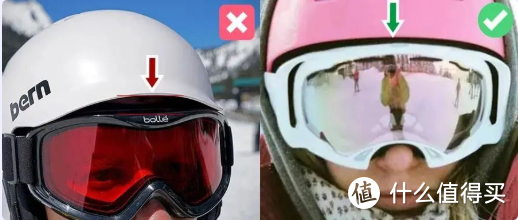 一般的滑雪者都是将雪镜戴在滑雪头盔外面（戴在里面的也有），将雪镜实际套在滑雪头盔上，感受雪镜是否完全贴合，检查雪镜和头盔之间的透气性是否良好。雪镜和头盔之间不应有缝隙，也不能阻挡视线和下推雪镜。还有雪镜绑带长度是否适合头盔，是否需要使用延长绑带。滑雪头盔后面有一条专门用来固定雪镜的雪镜扣，防止雪镜在激烈滑行运动中掉落，亲自试试并检查是否牢靠。 
