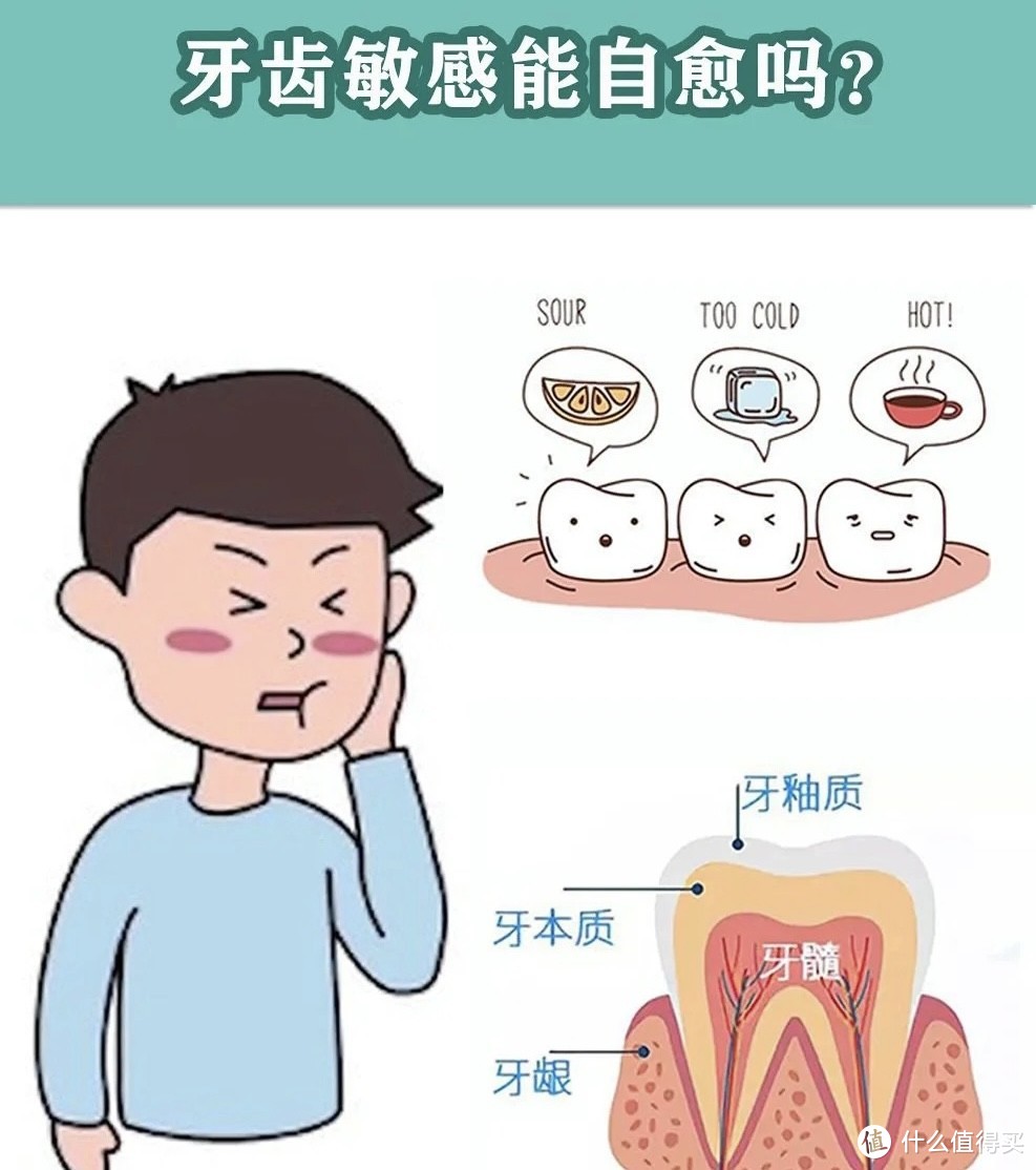 牙齿敏感只能通过一系列手段来舒缓，没有很好的自愈方式。且造成牙齿敏感的原因有很多
