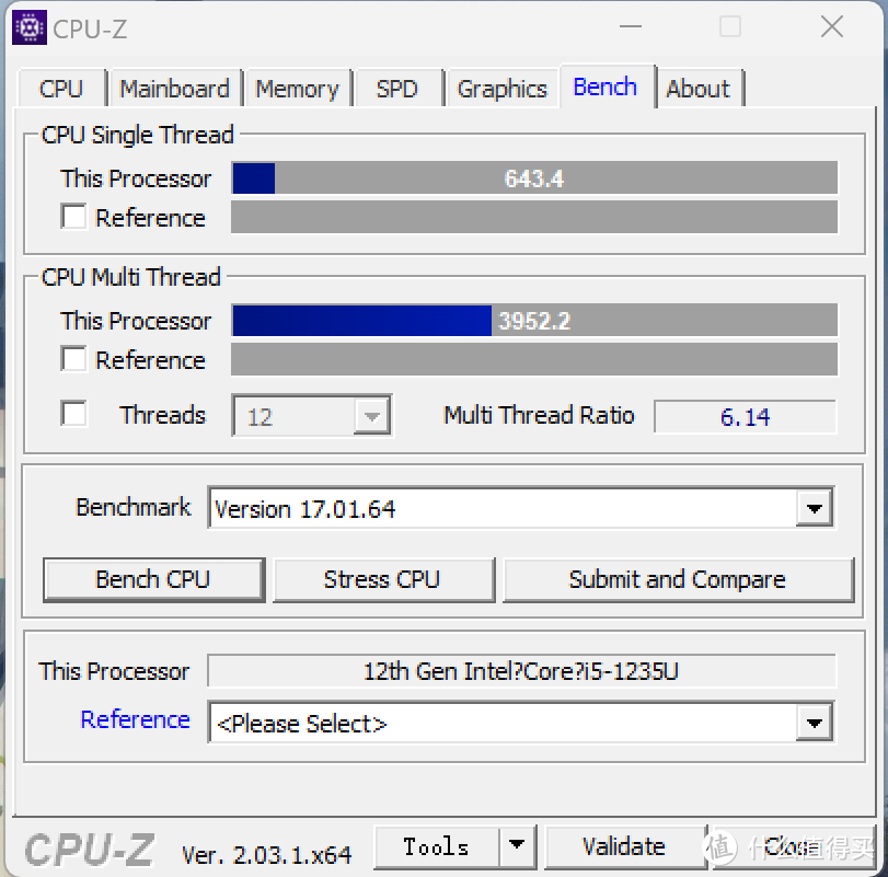 CPU-Z 跑分单核 634.4 分，多核为3952.2 分，第 12 代 Intel i5 处理器15W