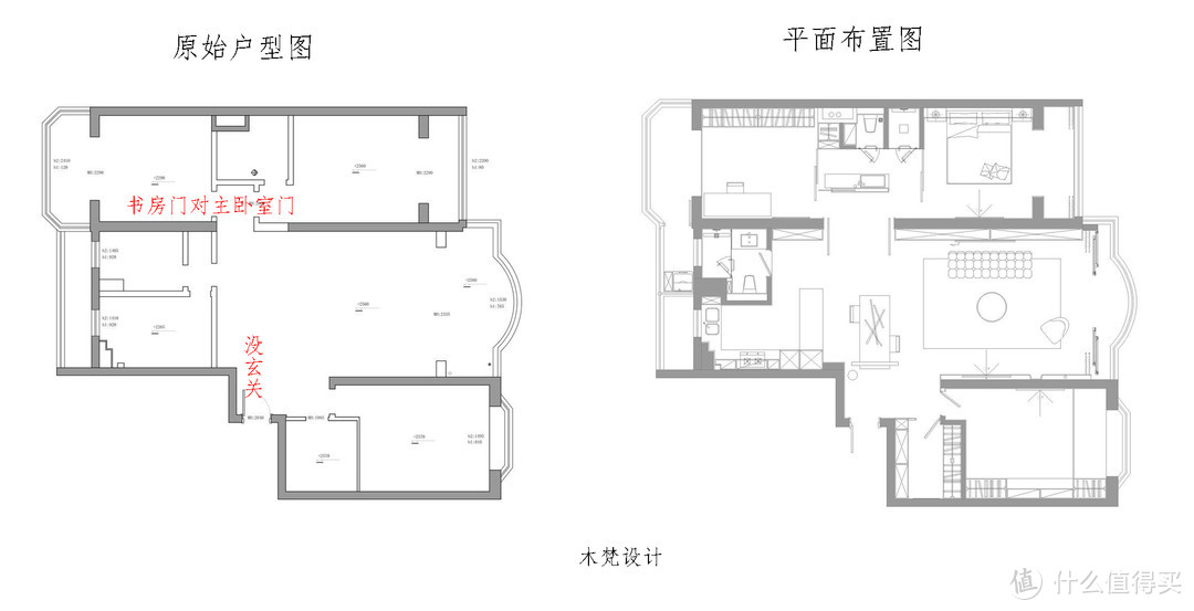 没玄关，书房门还对着主卧门，看他如何来化解？并且还要极简大气