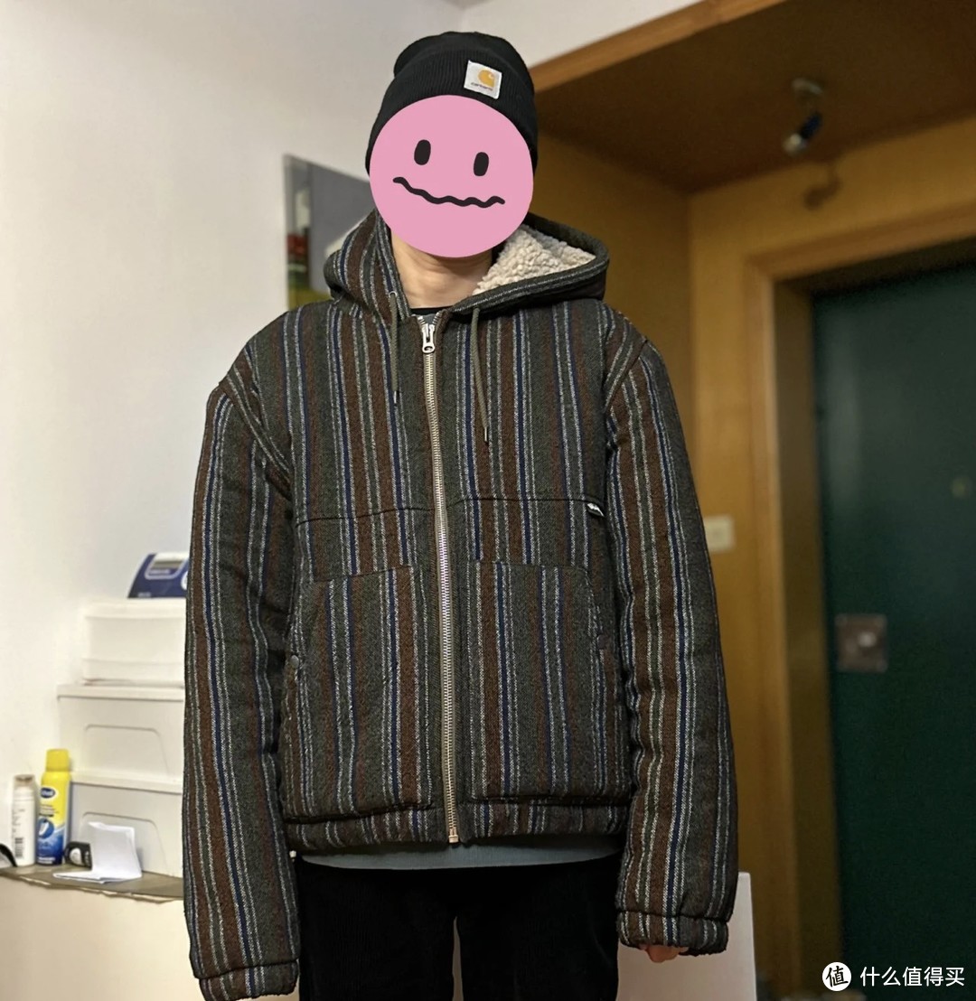 衣服买大了怎么办？stussy 斯图西波西米亚民族风条纹羊羔毛内衬带帽外套