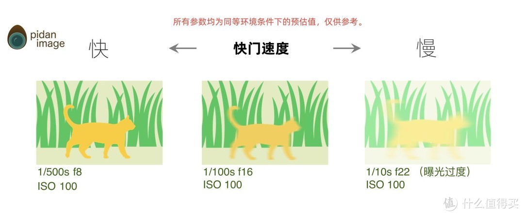 假设猫的行走速度不变，快门越慢越模糊，当超过最小光圈f22后可能会出现曝光过度。