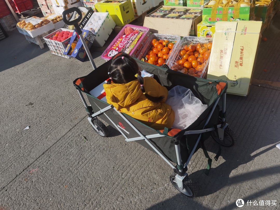 露营推车的新功能，带娃去水果市场买水果，能装水果能装娃