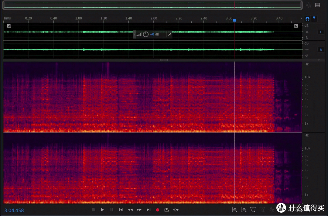 （看右侧的频率，再结合红色区域，红色越多则说明在此频率下的声音越多，可以看到5K到10K的低音频率都有）