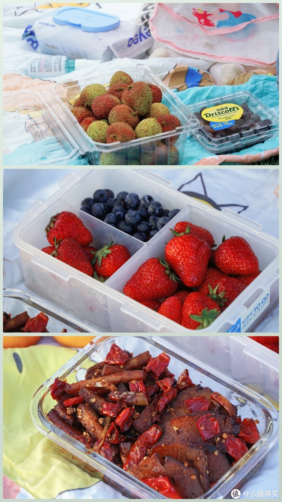 ▲荔枝、蓝莓、草莓和自制的里脊肉干~看看就流口水~