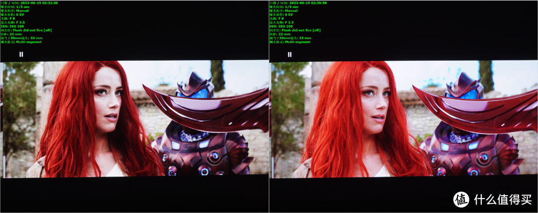 ▲右侧为C1pro 在使用7201转SDR后的播放画面，相对左侧HDR画面来说，个人感觉画面要通透不少，同时可以从绿字照片的EXIF信息看出，拍摄完全使用相同的参数，变量仅为播放器设置不同