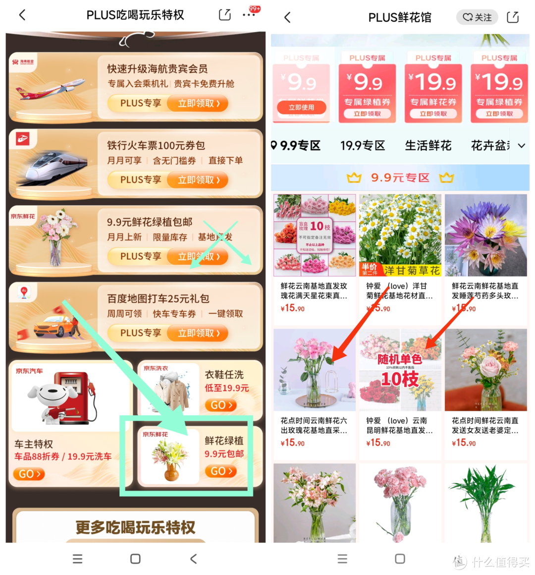 京东Plus会员必领权益~买火车票无门槛支付券！充话费省5元！9.9元买鲜花！能省则省~