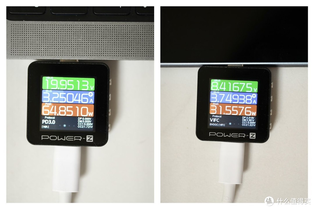 左边，使用iQOO 11S充电器给笔记本充电；右边，使用iQOO 11S充电器给vivo 平板充电。