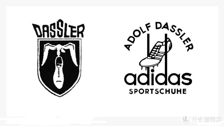 左边为早期“达斯勒兄弟鞋厂”标志；右边为兄弟分家之后阿道夫·达斯勒（Adolf Dassler）注册的adidas商标。