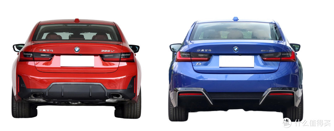 左边红色燃油版3系，右边蓝色纯电i3