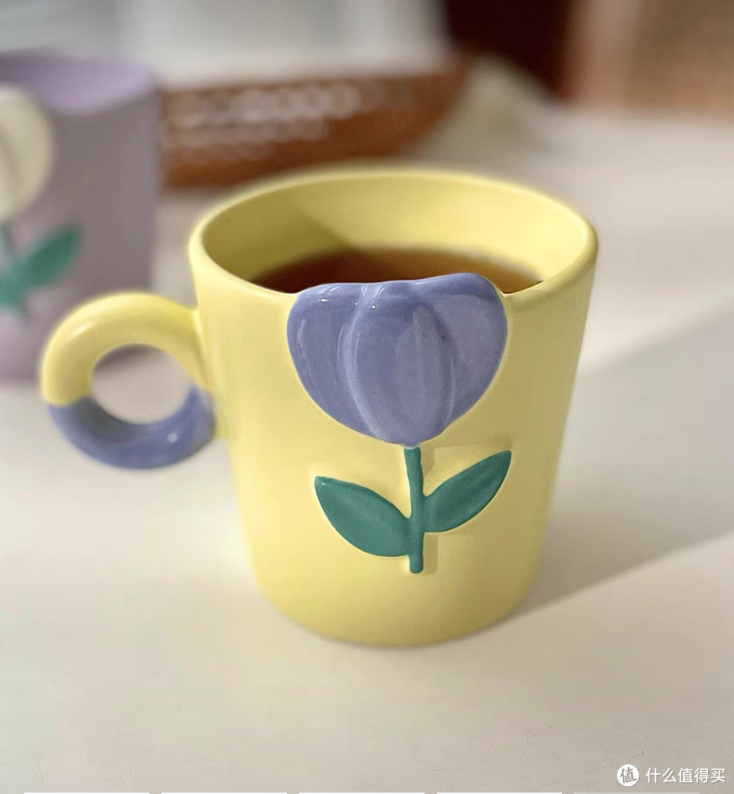 小众设计感水杯浮雕咖啡杯：适合送给女生的郁金香马克杯陶瓷杯带勺杯子套装