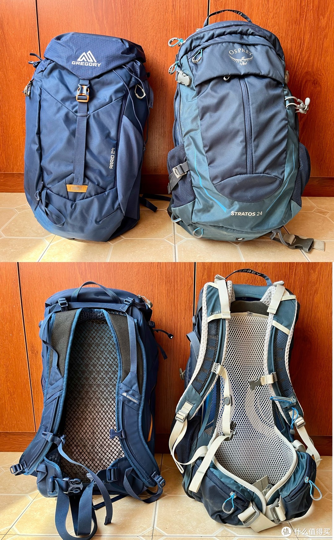 两款背包放在一起，颜值都还在线。山野腰带无腰包，云层腰带左右各一个腰包。