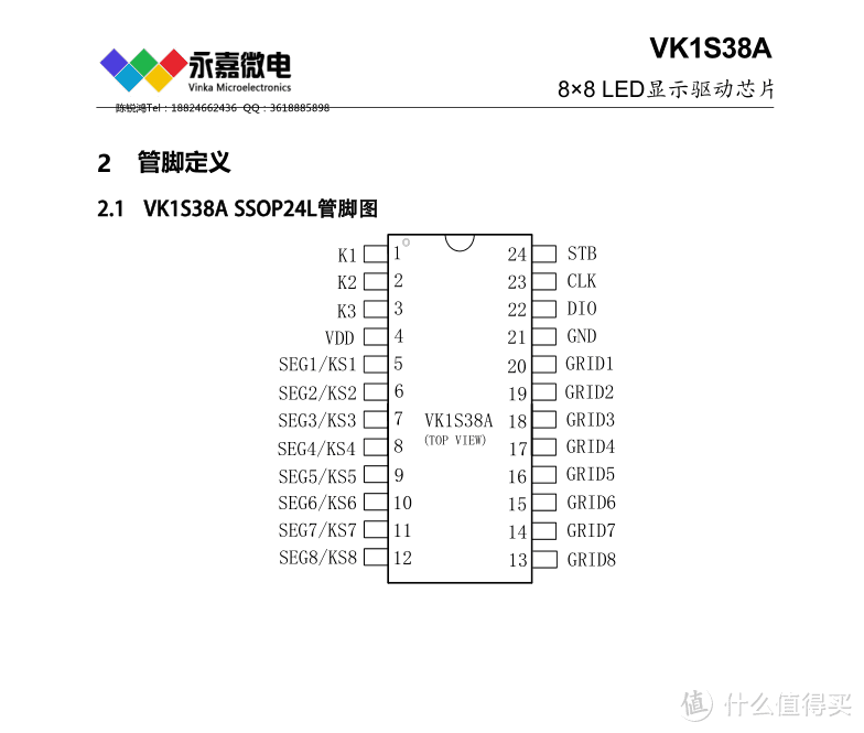 高亮LED驱动IC-VK1S38A按键/显示复用需硬件电路配合最大支持8x3矩阵按键