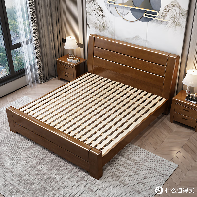 实木材料舒适、温暖，使用新中式实木床能够提供一个舒适宜人的睡眠环境，带来放松和安心的感觉。对室内空气质量友好，符合环保标准。