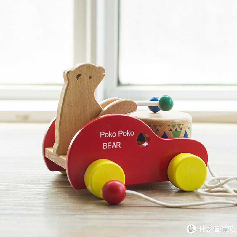 学步拖拉牵引木制早教玩具，儿童益智榉木小熊敲鼓拉拉车