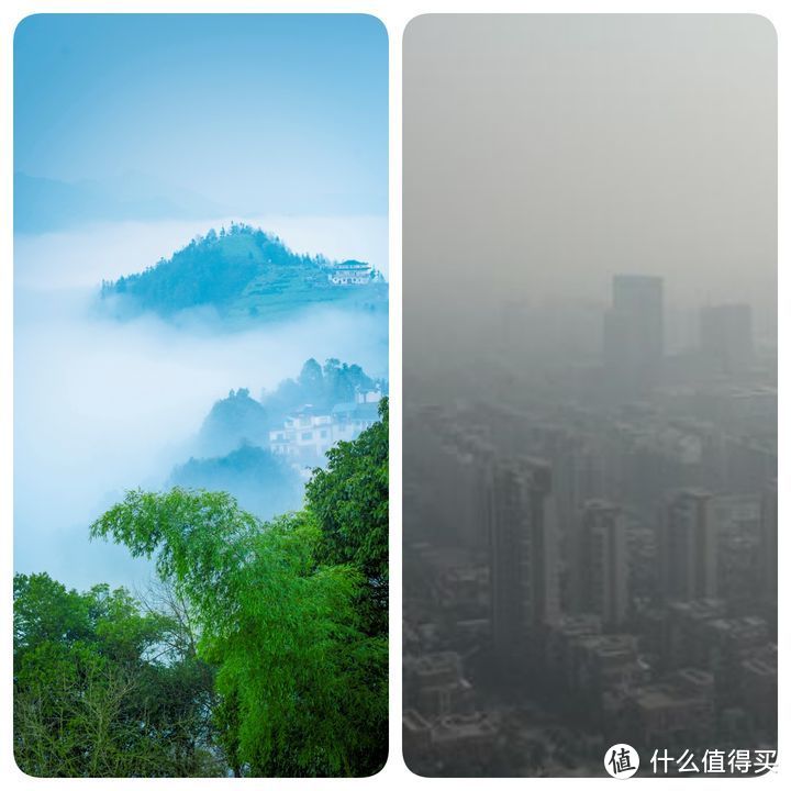 空气洁净（左），吸入的就是白雾；空气污染严重（右），吸入的就是雾霾