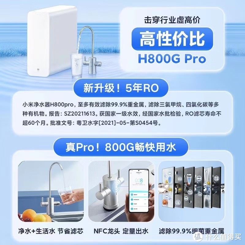 米家小米净水器家用净水机H800G Pro厨下式直饮机——六级过滤，五年RO反渗透，双出水龙头，无陈水