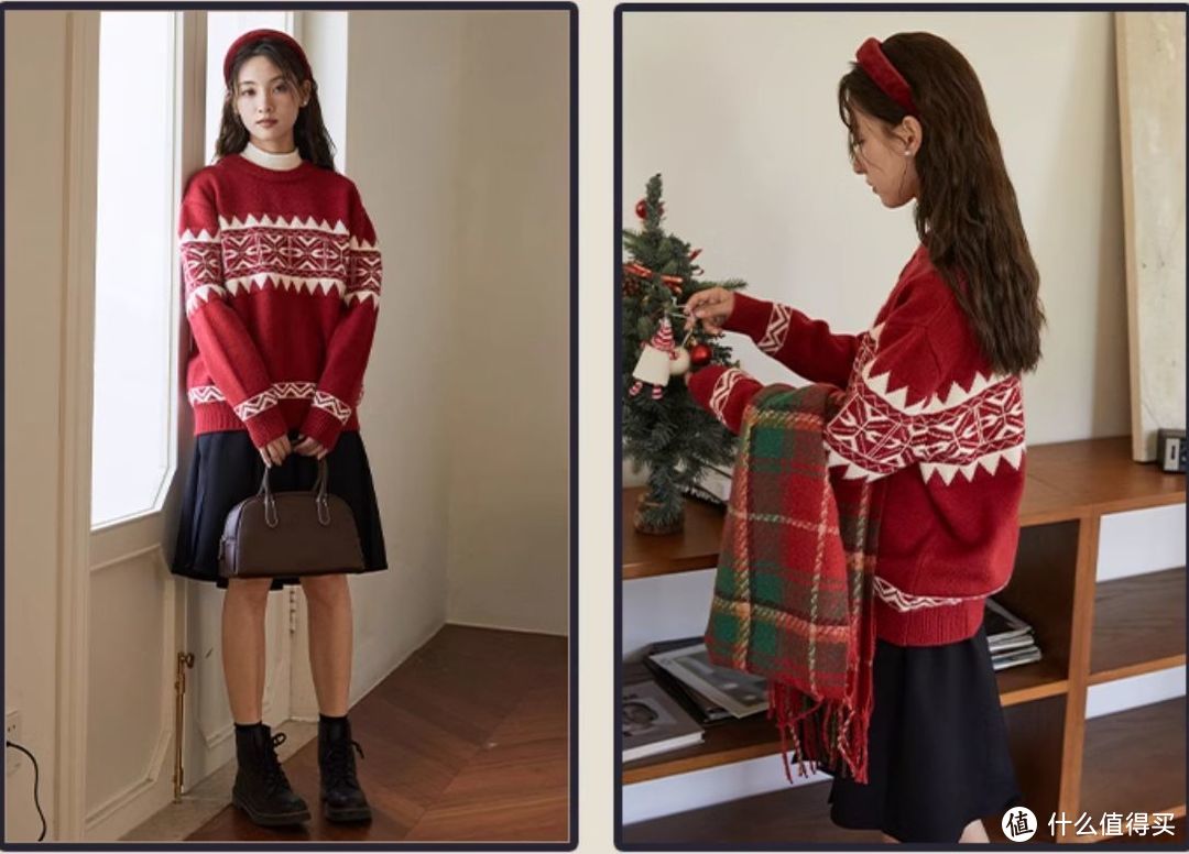 将圣诞元素穿在身上：红色毛衣与黑色百褶裙的圣诞搭配