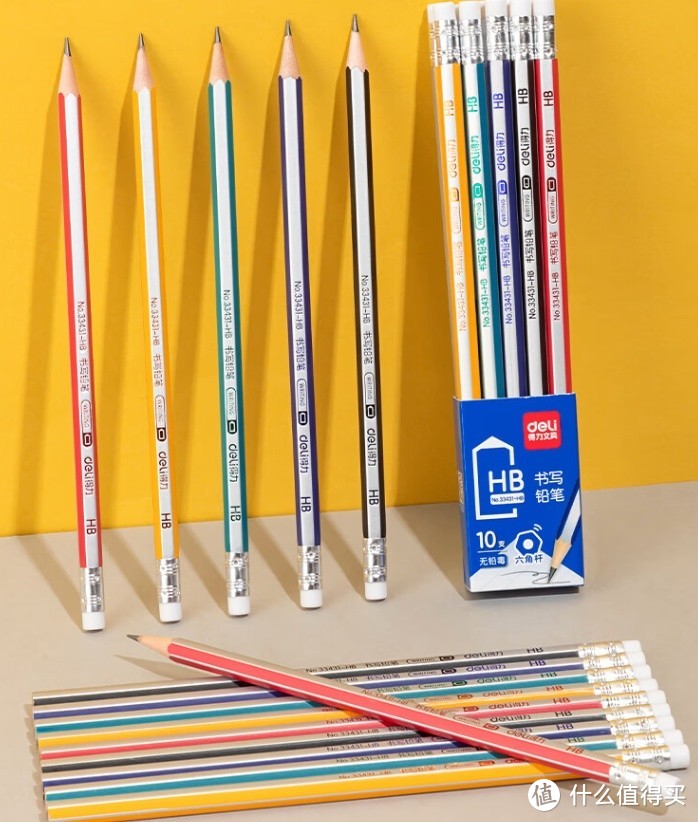 得力（deli）HB铅笔，经典彩色六角杆铅笔 带橡皮头