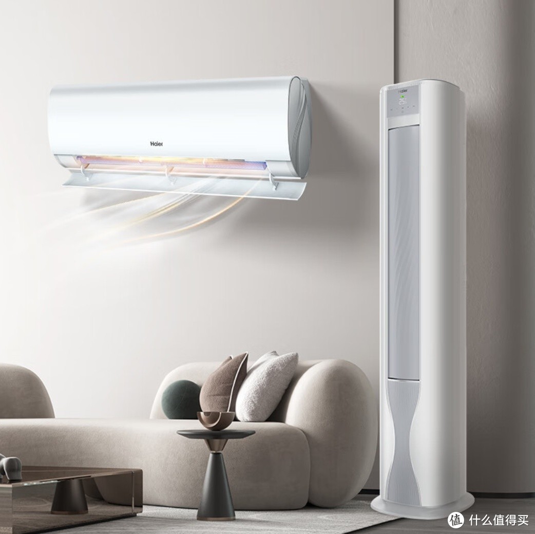 海尔健康空调节性价比空调：海尔劲爽1.5匹新一级变频冷暖壁挂式空调挂机冷媒变流。
