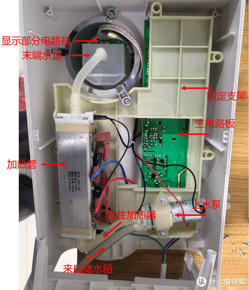 茶吧机、饮水机这一类小家电的内部结构非常简单，就是电路板、水泵、加热器、末端防溢水盒，个别有特殊需要的还会有电磁阀