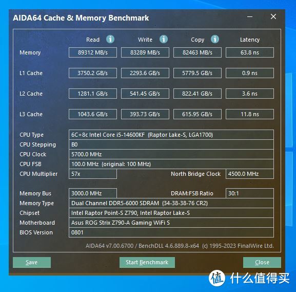 AIDA64内存缓存测试（XMP6000+全大核5.7G）