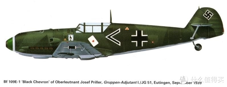 Bf-109 E-1，普里勒在JG51的座机，1939年9月。注意机身上已经出现他的个人标识图案。