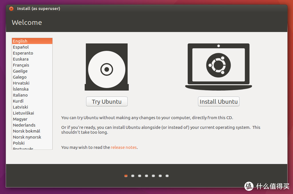 左侧的try ubuntu为试用，不安装，右侧是install ubuntu即安装